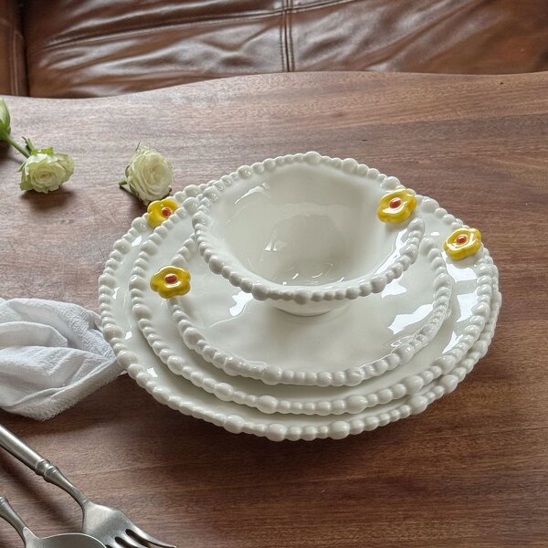 Ceramic Dinner Set Manufacturer - French Vintage Pearl Edged Irregular Flower Exquisite Beaded Plates Bowls