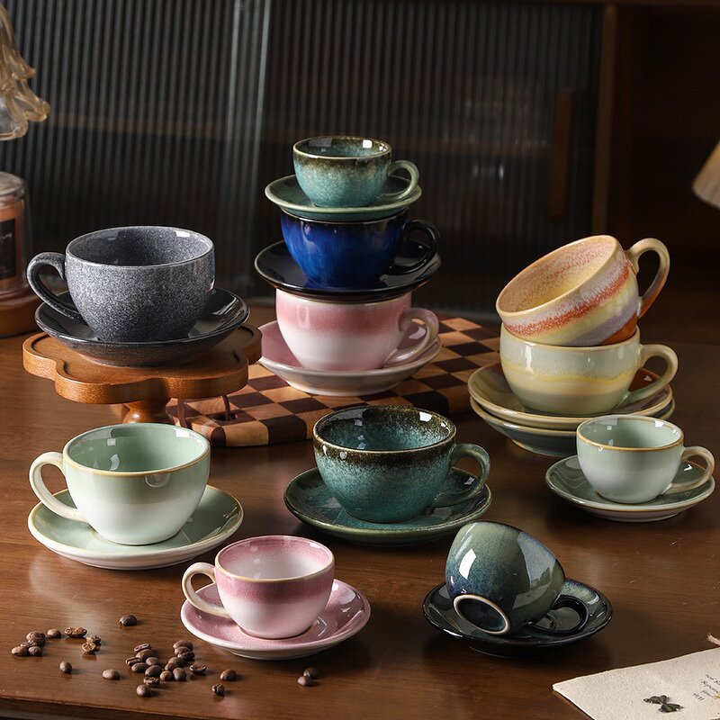 Ceramic Espresso Cup Set Manufacturer - Creative Reactive Glaze Stoneware Porcelain Cappuccino Latte Cup and Saucers