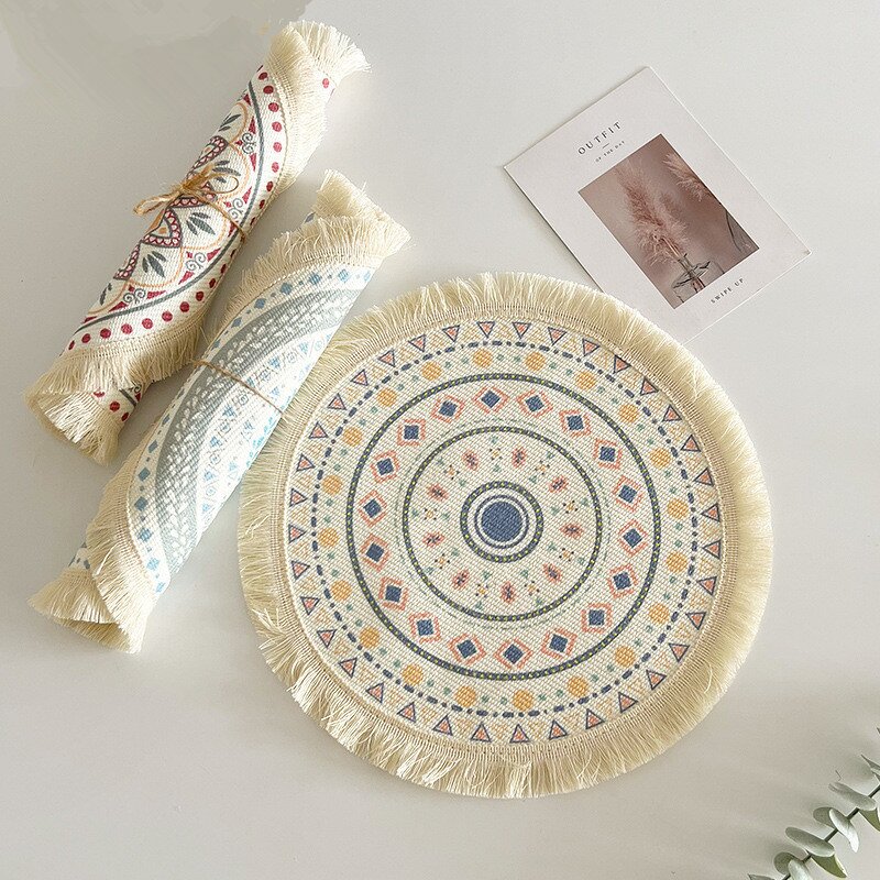 Cotton Placemat Manufacturer - Boho Round Woven Mandala Tassels Heat Proof Washable Circle for Dinner Kitchen Home