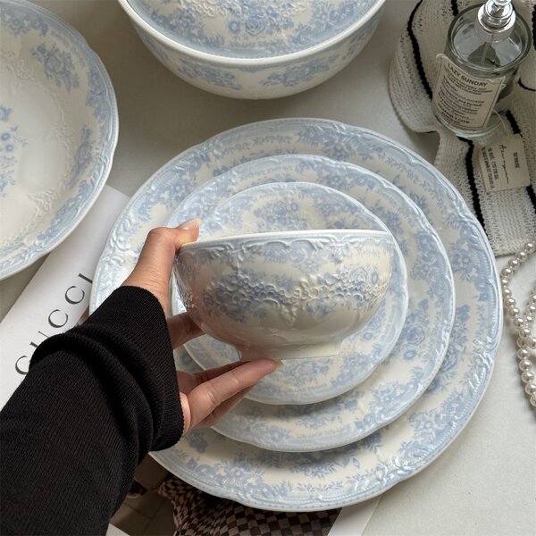 Ceramic Dinnerware Set Manufacturer - Customized Blue Flower Embossed Lace Romantic Dessert Charger for Wedding
