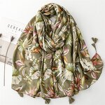 Cotton Voile Scarf Manufacturer - Newest Elegant Leaf Flower Printed Tassels for Women Olive Green Floral Hijabs