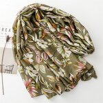 Cotton Voile Scarf Manufacturer - Newest Elegant Leaf Flower Printed Tassels for Women Olive Green Floral Hijabs