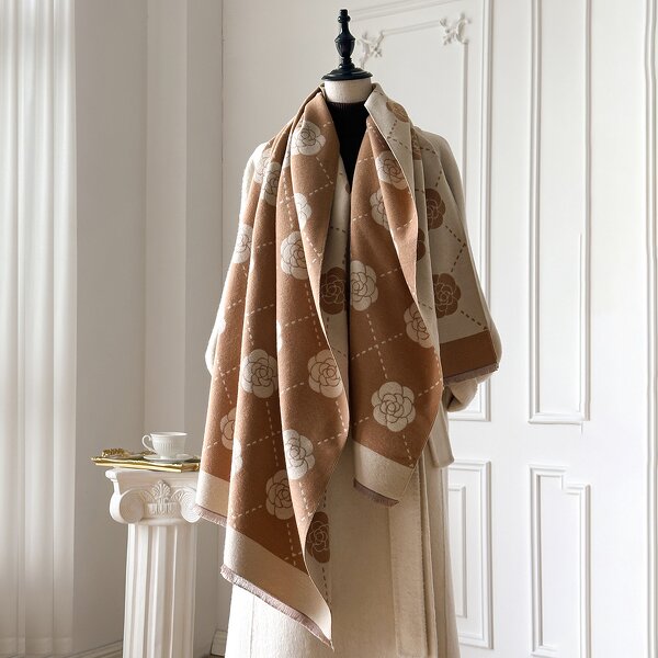 Double-Sided Scarf Manufacturer - Luxury Designer Camellia Style Dual-Purpose Warm Outer Shawl Rose Flower Jacquard