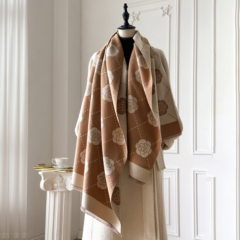 Double-Sided Scarf Manufacturer - Luxury Designer Camellia Style Dual-Purpose Warm Outer Shawl Rose Flower Jacquard