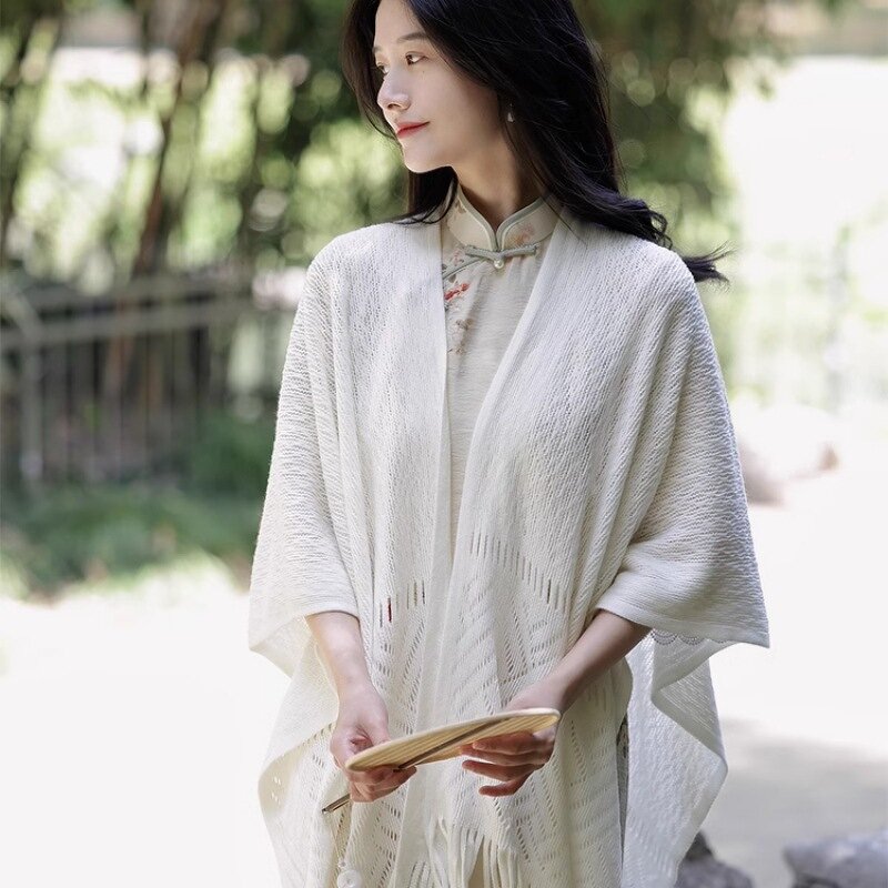 Capes Shawls Manufacturer - 2025 New Plain Color Hollowed Out Tassel Ponchos for Ladies Knit Cardigans Cloaks