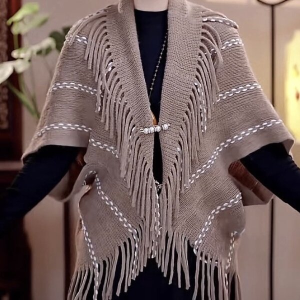 Shawl Manufacturer - 2025 Latest Winter Fashion Open Front Poncho Cardigan Knitted Boho Geometric Tassel Pasmina