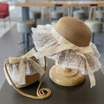 Girls Hat Manufacturer - New Fashion Summer Lace Flower Breathable Straw Elegant Children's Sun with Pompom