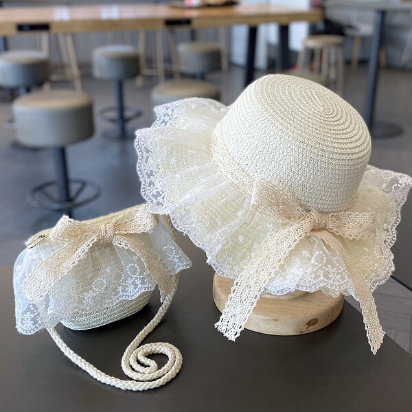 Girls Hat Manufacturer - New Fashion Summer Lace Flower Breathable Straw Elegant Children's Sun with Pompom