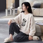 Flannel Pajama Set Manufacturer - Women's Fluffy Coral Fleece Pullover Loose 2 Piece Plush Warm Loungewear