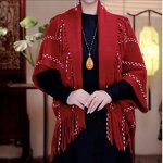 Shawl Manufacturer - 2025 Latest Winter Fashion Open Front Poncho Cardigan Knitted Boho Geometric Tassel Pasmina