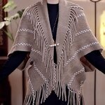 Shawl Manufacturer - 2025 Latest Winter Fashion Open Front Poncho Cardigan Knitted Boho Geometric Tassel Pasmina