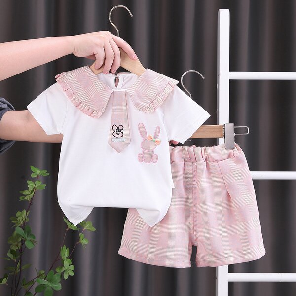 Children's Suit Manufacturer - Girl's Cute Summer Lace Rabbit Tie Two-piece