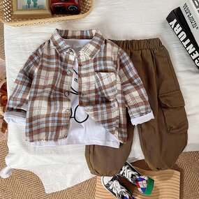 Boys' Suit Manufacturer - Casual Plaid Shirt Cotton Overalls Three-piece