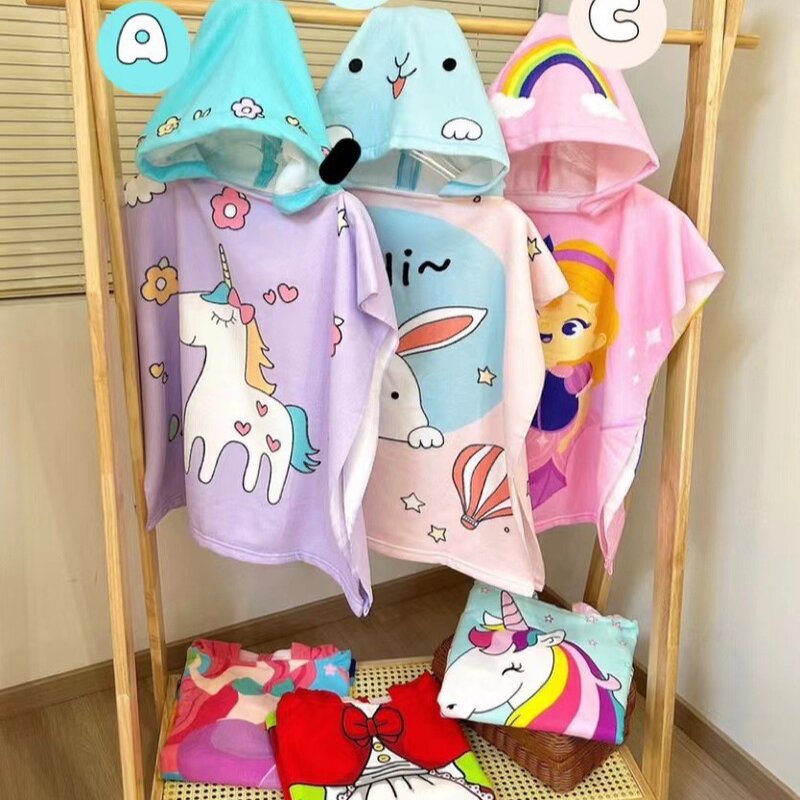 Baby Bathrobe Manufacturer - Custom Cartoon Print Hooded Microfiber Poncho