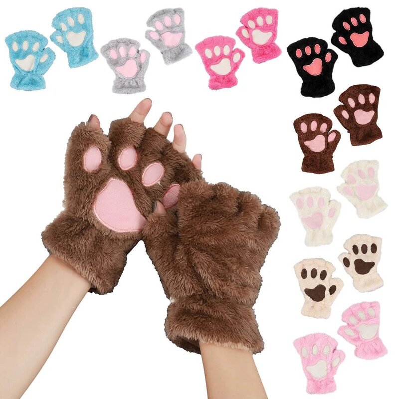 Cat Claw Gloves Manufacturer - New Women Cartoon Girls Thickened Plush Lovely Style Bear Paw Exposed Fingers Half Finger