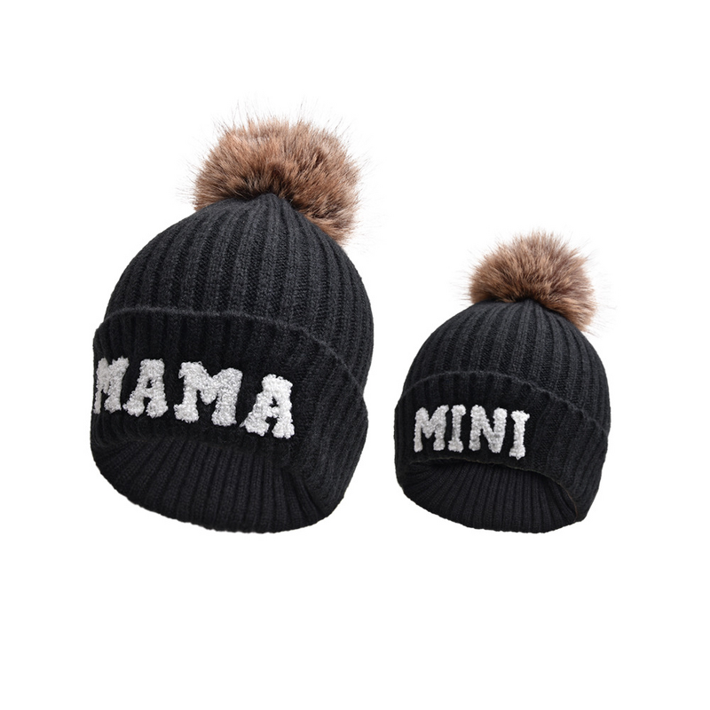 Winter Beanie Hat Manufacturer - Solid Color Pompom Mini Letter Knitted Patches Thickened Mama Set for Beach