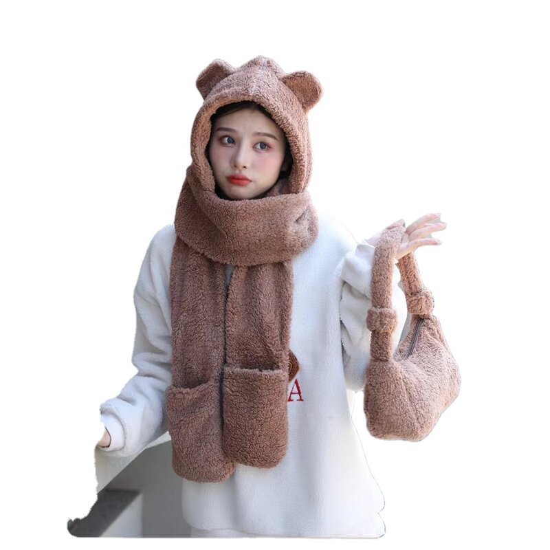 Hat Gloves Set Manufacturer - Hot Selling Brown Bear Animal Long Mitten Thick Warm Designer Cute Scarf and Bag Set