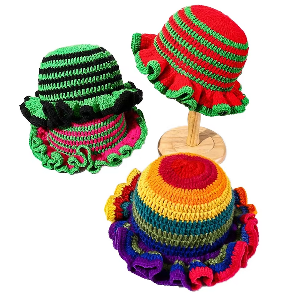 Bucket Hat Manufacturer - Handmade Striped Knitted Lace for Adults Winter Ruffle Casual Travel