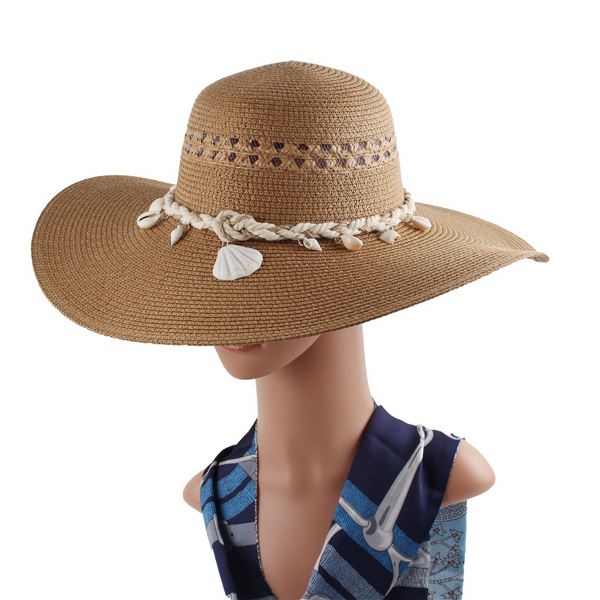 Women's Cowboy Hat Manufacturer - Designer Wide Conch Shell Decorated Raffia Woven Straw Casual Summer Paper