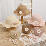 Children's Summer Hat Set Manufacturer - Unisex Striped Panama Fisherman Cute Flower Raffia Straw Sun Protection Two-Piece