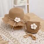 Children's Summer Hat Set Manufacturer - Unisex Striped Panama Fisherman Cute Flower Raffia Straw Sun Protection Two-Piece