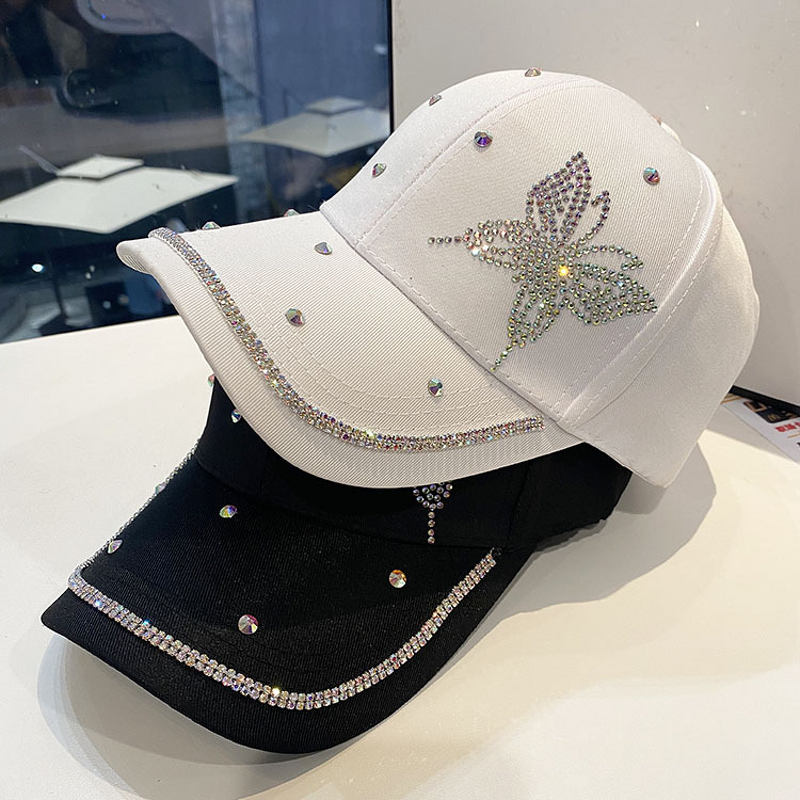 Baseball Cap Manufacturer - Unisex Custom Washed Denim 6-Panel Adjustable Bling Rhinestone Butterfly