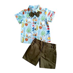 Children's Shirt Set Manufacturer - European American Boys Cartoon Printing Shirt Ink Green Shorts Bow Tie Three-piece