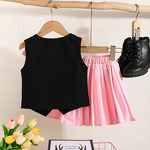 Girls Summer Clothes Set Manufacturer - Cross-border Supply Satin Flower Black Sleeveless Top Pink Pleated Skirt College Style