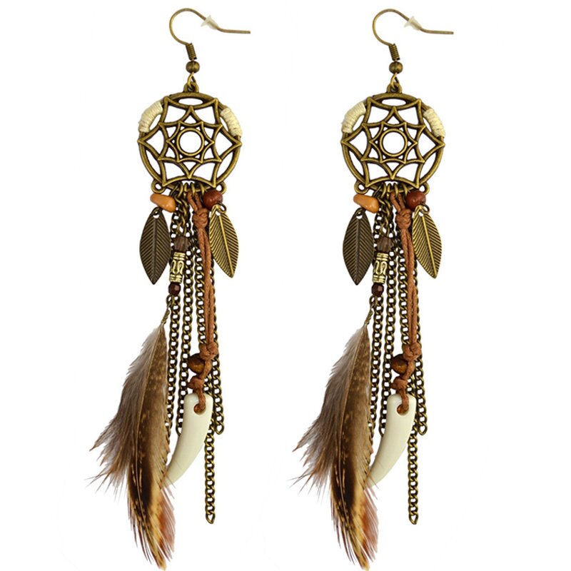 Bohemian Earring for Women - Manufacturer with Vintage Ethnic Charm Leaf Dreamcatcher & Long Chain Feather Tassel