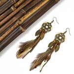 Bohemian Earring for Women - Manufacturer with Vintage Ethnic Charm Leaf Dreamcatcher & Long Chain Feather Tassel