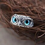 Blue Owl Eye Rings - Manufacturer with Vintage Woman Mens Antique Silver Plated Adjustable