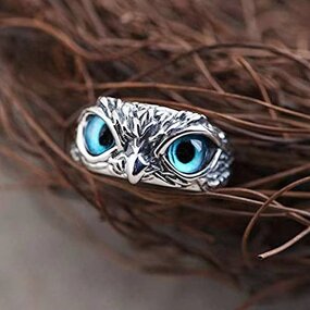 Blue Owl Eye Rings - Manufacturer with Vintage Woman Mens Antique Silver Plated Adjustable