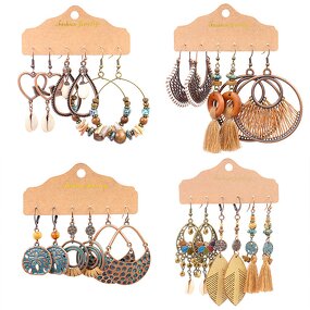 Boho Earring Set for Women - Manufacturer with 3 Pair/Card Vintage Bohemia Antique Bronze Plated Heart Hoop Tassel