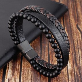 Men's Leather Bracelet Manufacturer - New Volcanic Stone Stainless Steel Buckle Multi-Layer Woven Jewelry 2021