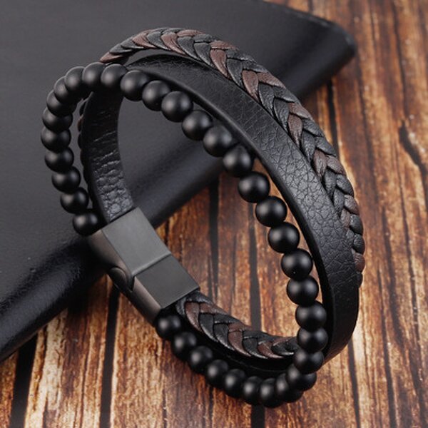 Men's Leather Bracelet Manufacturer - New Volcanic Stone Stainless Steel Buckle Multi-Layer Woven Jewelry 2021