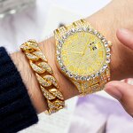 Women's Watch Set Manufacturer - Luxury Diamond Golden 2pcs Quartz Bracelet Gift Sets Fashion Roman Calendar