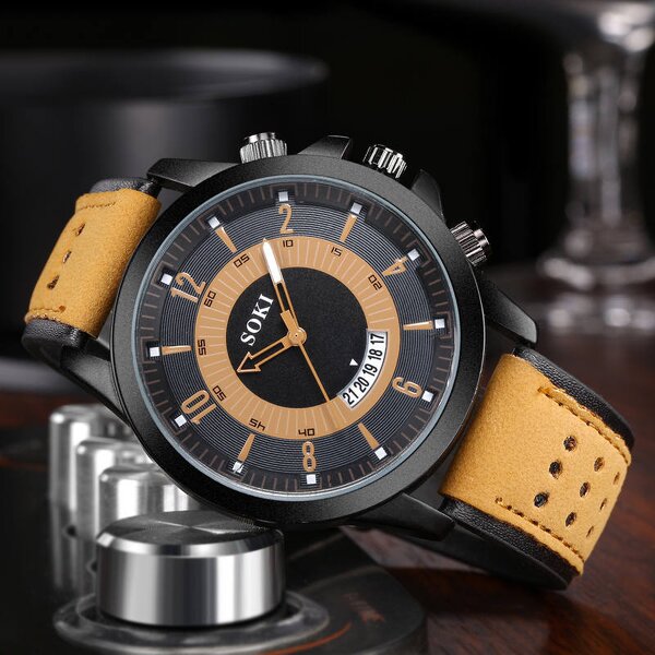 Men's Sports Watch Manufacturer - SOKI 2023 New Leather Fashion Calendar Date Wristwatch