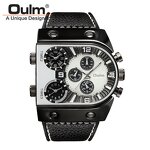 Men's Punk Watch Manufacturer - OULM Trendy Big Dial Square with Leather Strap Multi Time Zone Stop Chronograph Casual