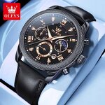 Men's Quartz Watch Manufacturer - OLEVS 3660 Waterproof Luminous Moon Phase Date Calendar Japan Quartz Leather Strap