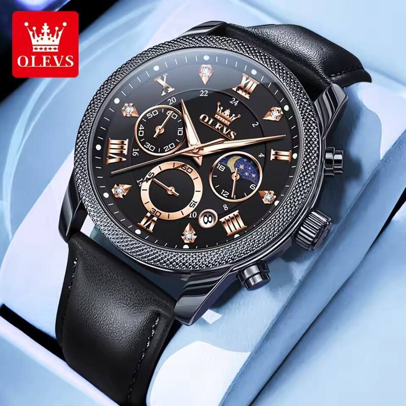 Men's Quartz Watch Manufacturer - OLEVS 3660 Waterproof Luminous Moon Phase Date Calendar Japan Quartz Leather Strap