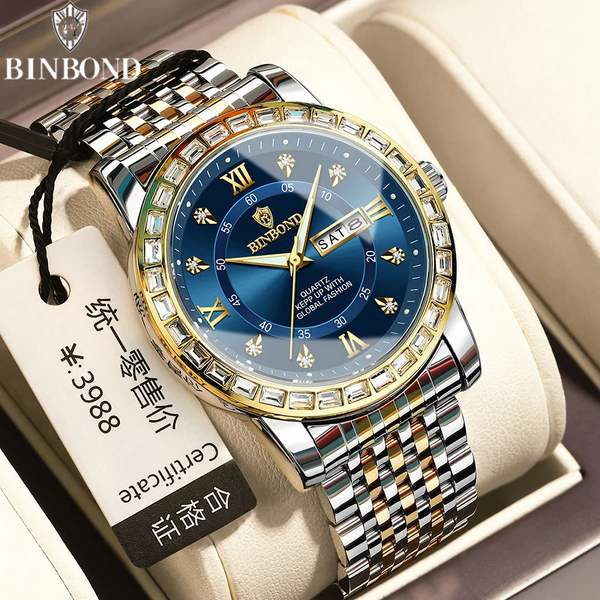 Men's Quartz Wristwatch Manufacturer - BINBOND B2202 Diamonds Stainless Steel Luminous Waterproof Day Week