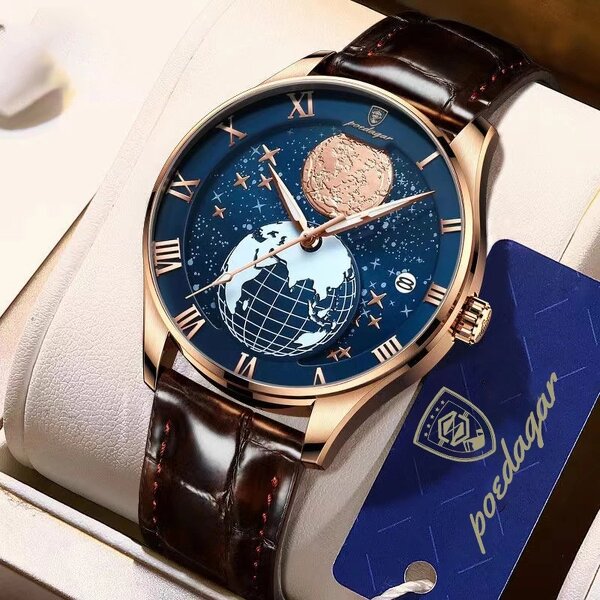 Men's Fashion Watch Manufacturer - POEDAGAR 803 Newest Hot Sale Leather Quartz Trendy Globe Dial Automatic Calendar Waterproof