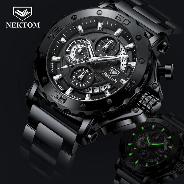 Men's Quartz Watch Manufacturer - NEKTOM Waterproof Steel Strap Fashion Luminous Calendar Sports