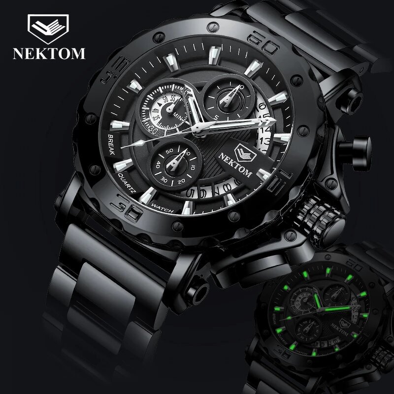Men's Quartz Watch Manufacturer - NEKTOM Waterproof Steel Strap Fashion Luminous Calendar Sports