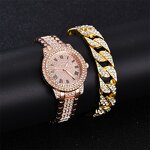 Unisex Crystal Watch Set Manufacturer - Luxury Full Crystal Diamond Bracelet Set Rose Gold Steel Belt Wrist Watch