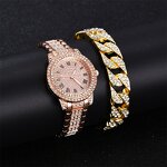 Unisex Crystal Watch Set Manufacturer - Luxury Full Crystal Diamond Bracelet Set Rose Gold Steel Belt Wrist Watch