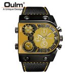 Men's Punk Watch Manufacturer - OULM Trendy Big Dial Square with Leather Strap Multi Time Zone Stop Chronograph Casual