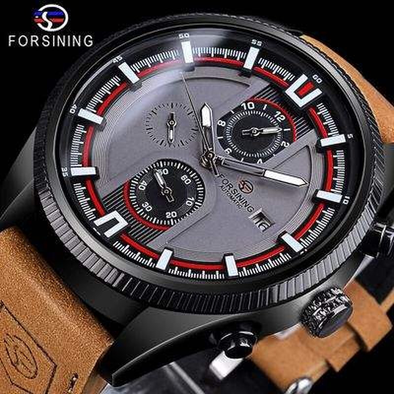 Men's Mechanical Watch Manufacturer - Forsining 382 Brown Genuine Leather Strap Sports Fashion Automatic