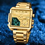 Men's Sport Wristwatch Manufacturer - BOAMIGO 2026 New Big Dial Square Golden LED Dual Display 3 Time Zone Waterproof Digital