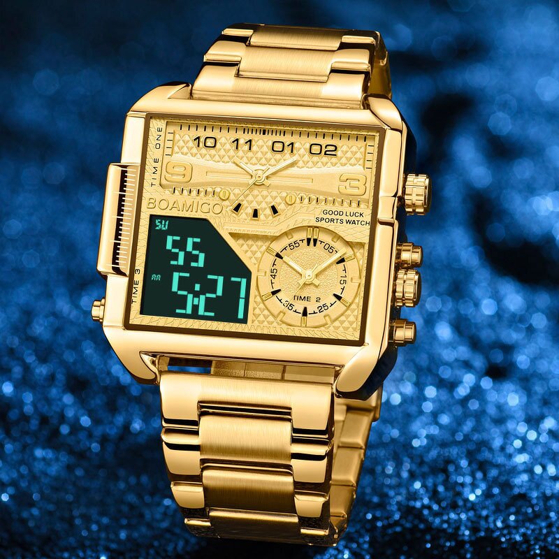Men's Sport Wristwatch Manufacturer - BOAMIGO 2026 New Big Dial Square Golden LED Dual Display 3 Time Zone Waterproof Digital